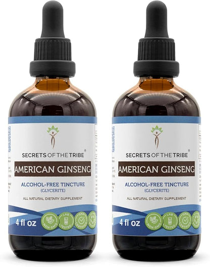 Secrets of the Tribe American Ginseng Tincture Alcohol-Free Extract, Farm Grown American Ginseng (Panax Quinquefolius) Dried Root Tincture Supplement (2x4 FL OZ)