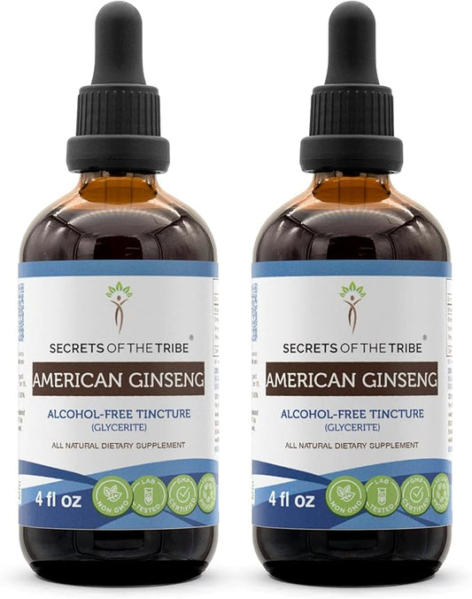 Secrets of the Tribe American Ginseng Tincture Alcohol-Free Extract, Farm Grown American Ginseng (Panax Quinquefolius) Dried Root Tincture Supplement (2x4 FL OZ)