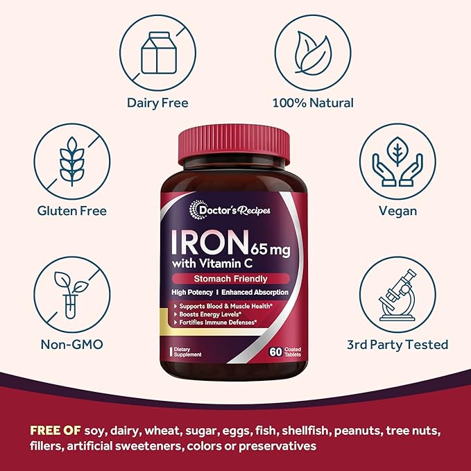 Doctor's Recipes Iron Supplement 65 mg with Vitamin C - Maximized Absorption, Stomach Friendly & High Potency Iron Pills for Red Blood Cells Formation & Immunity Health - Vegan Non-GMO 60 Iron Tablets