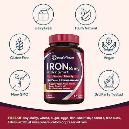 Doctor's Recipes Iron Supplement 65 mg with Vitamin C - Maximized Absorption, Stomach Friendly & High Potency Iron Pills for Red Blood Cells Formation & Immunity Health - Vegan Non-GMO 60 Iron Tablets