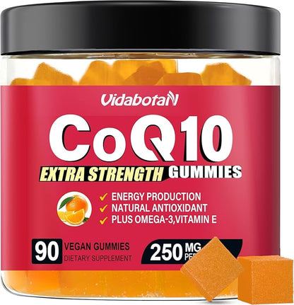 Sugar Free Coq 10 Gummies 250mg with Vitamin E, Omega-3, High Absorption Coenzyme Q10 Supplements for Heart, Energy & Antioxidant Support,Orange Flavor, Vegan, 90 chewable Gummies
