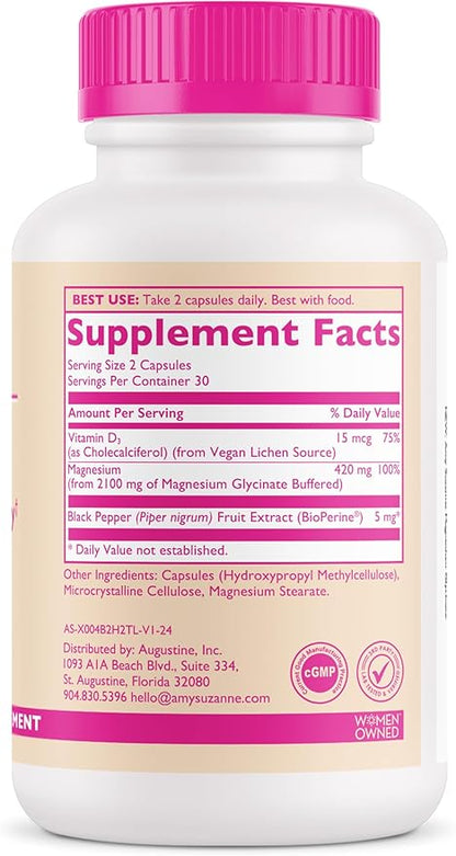 Magnesium Glycinate Supplement- High Absorption Magnesium Glycinate with Vitamin D - Mood, Natural Calm + Energy Levels - Bone + Muscle Health- 60 Capsules