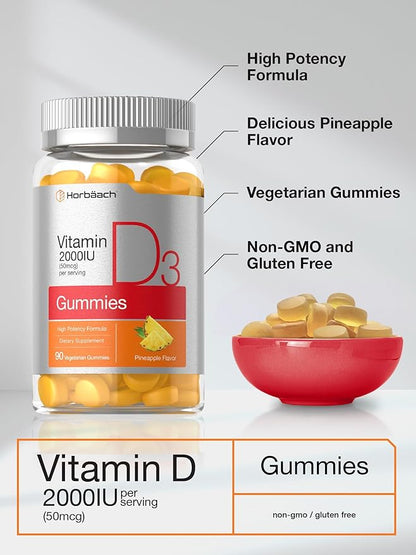 Horbäach Vitamin D3 2000iu Gummies | 90 Count | Vegetarian | Pineapple Flavor | 50 mcg | Non-GMO, Gluten Free Vitamin D Supplement