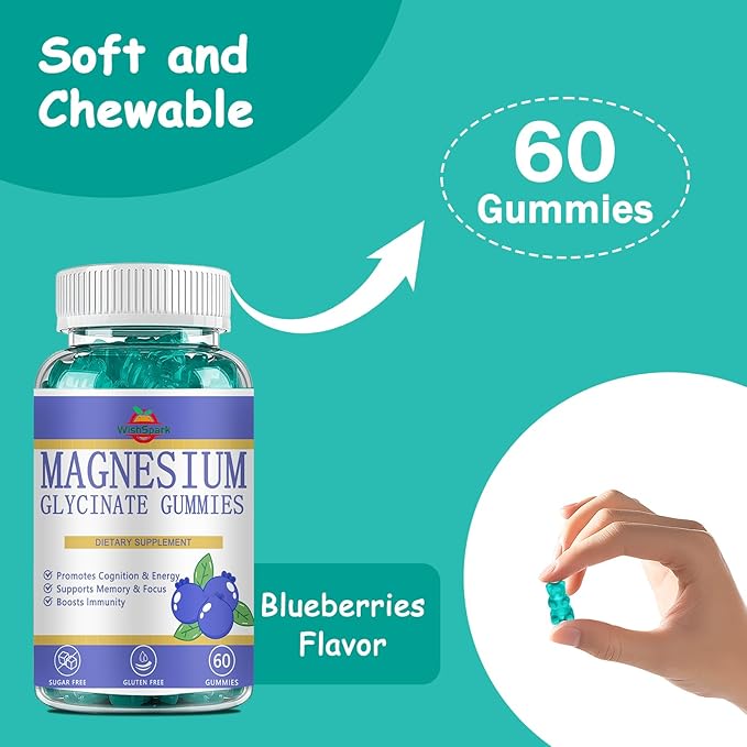 Magnesium Glycinate Gummies, Premium Magnesium Gummies, Magnesium Glycinate Supplement for Relaxation, Stress Relief and Sleep, Suitable for Adults and Children-60 Blueberry Flavor
