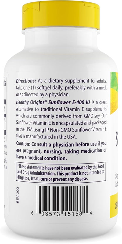 Healthy Origins Sunflower Vitamin E-400 IU (Non-GMO, Gluten Free, Soy Free, Hair Support, Nail Support, Skin Support, Cardiovascular Support), 120 Softgels