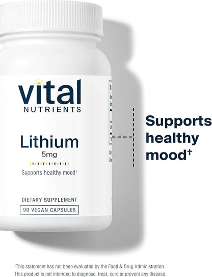 Vital Nutrients Lithium Orotate | Vegan Lithium Supplements for Memory, State of Mind, and Behavioral Health*| 5mg | Gluten, Dairy, Soy Free | 90 Capsules