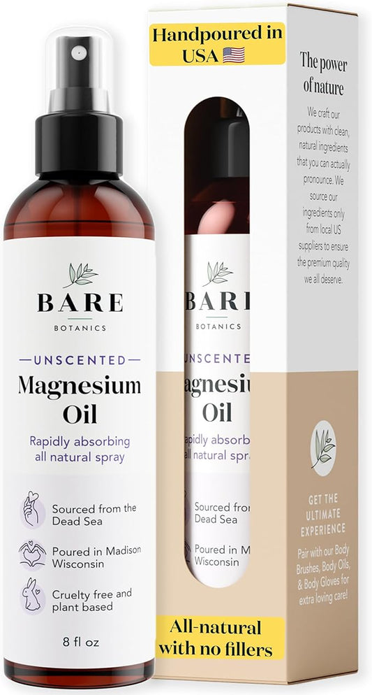 BARE BOTANICS Unscented 8oz Pure Magnesium Oil Spray from the Dead Sea | Rapidly Absorbing | Handpoured in Madison, WI | Supports Sleep & Soothes Sore Muscles