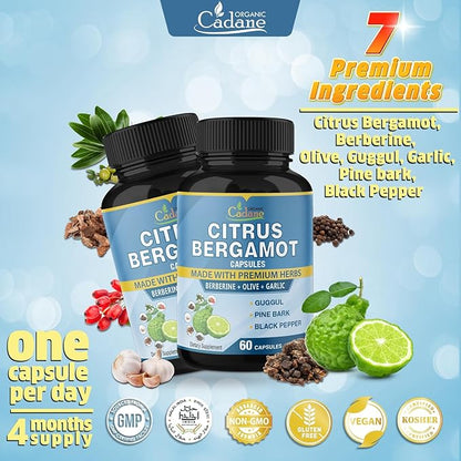 Organic Cadane 2 Packs Citrus Bergamot Extract Capsules with Berberine, Olive, Guggul, Garlic, Pine Bark, Black Pepper | 4 Months Supply