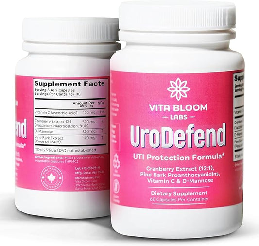 UroDefend UTI Protection Formula | Cranberry PACs | Physician Formulated | Additive Free + Gluten Free | Cranberry Extract, Pine Bark Extract, D Mannose, Vitamin C | 60 Capsules