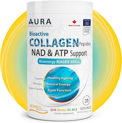 AURA VERISOL® Bioactive Collagen Peptides® Powder with Patented NAD+ & ATP Boosters, Advanced Cellular Rejuvenation System, Healthy Aging & DNA Repair, Unflavored, Made in Canada, 31 Servings.