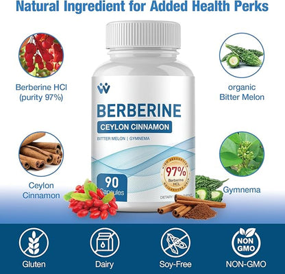 Berberine Supplement 1500mg - Berberine HCl 97% Purity with Ceylon Cinnamon Complex Supplements, Non-GMO Vegan - 180 Capsules (2 Pack)