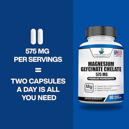 American Standard Supplements Magnesium Glycinate 575mg per Serving, 90 Veggie Capsules, Magnesium Supplement for Bone & Muscle Health, Chelated for Maximum Absorption