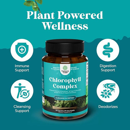 Chlorophyll Capsules for Cleanse and Detox Support - Internal Deodorant Pills for Body Odor with Mint & Parsley Extract Healthy Skin Immunity & Digestive Support - Vegan Non-GMO & Gluten Free (90ct)