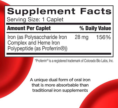 Feosol Complete Iron Supplement Caplets, Bifera Iron for High Absorption, Heme and Non-Heme Dual Action Minimizes Side Effects, 1 Per Day, for Energy and Immune System Support, Made in USA, 30 Count