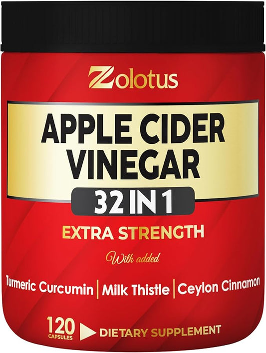 Zolotus 32 in 1 Apple Cider Vinegar Capsules with Turmeric, Cinnamon, Milk Thistle, Elderberry, Quercetin for Support Digestion, Immune 120 Capsules