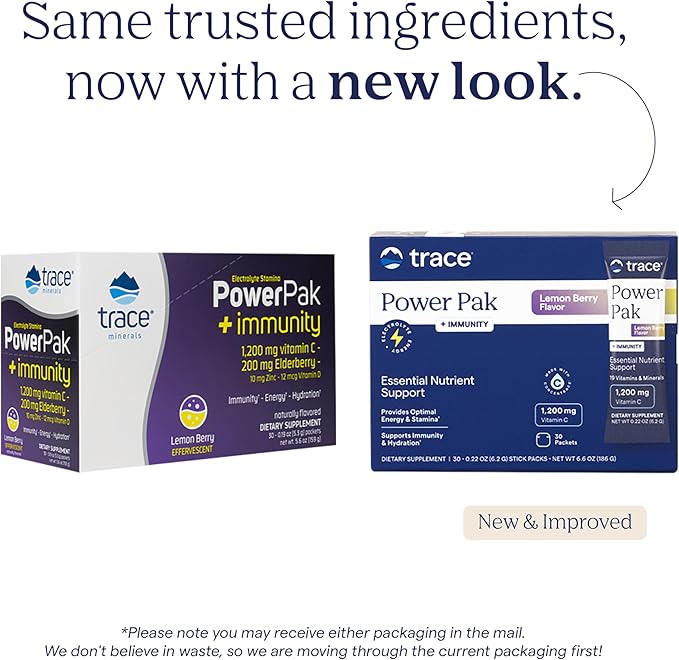 Trace Minerals PowerPak Plus Immunity - Hydration Support Supplement - Vitamin & Mineral Powder with Elderberry - Powder Packet to Aid Immunity & Energy - Fizzy Lemon Berry (30 Servings)