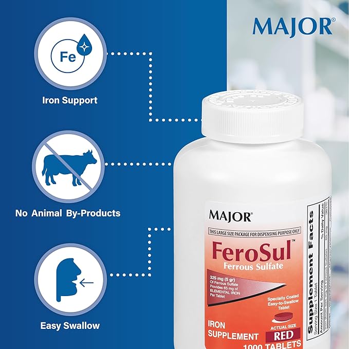 Major Ferosul - Ferrous Sulfate 325mg Tablets with 65mg of Elemental Iron - Iron Supplement for Women, Men - Red - 100 Tablets - Pack of 1