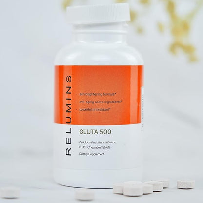Relumins New Gluta 500 - Chewable/Sublime Wall Glutathione Complex with Advanced Skin Nutrition - Hyaluronic Acid, VIT C, Biotin Plus 4 Powerful Actives - Fruit Punch Flavored 60CT x 2 Bottles