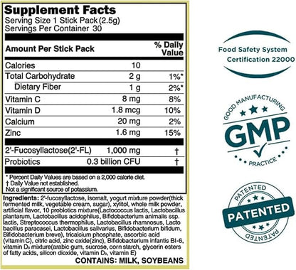 MOMSTAMIN 2'-FL HMO Prebiotics & Probiotics for Kids, 1000mg Human Milk Oligosaccharide 2'-FL Powder, Patented 11 Strains, Healthy Gut Microbiome, Immune & Digestive Supplement, IBS Relief - 30 Sticks