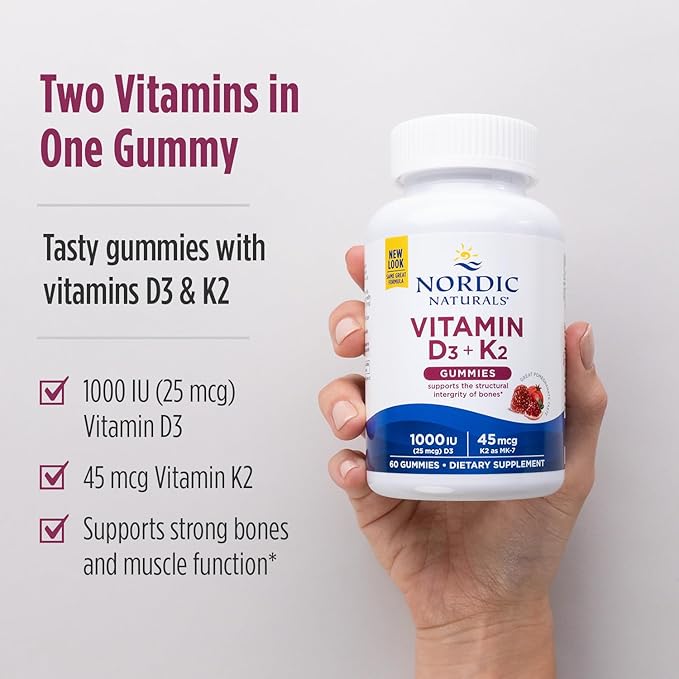 Nordic Naturals Vitamin D3 + K2 Gummies, Pomegranate - 60 Gummies - 1000 IU Vitamin D3 + 45 mcg K2 - Great Taste - Bone Health, Promotes Healthy Muscle Function - Non-GMO - 60 Servings