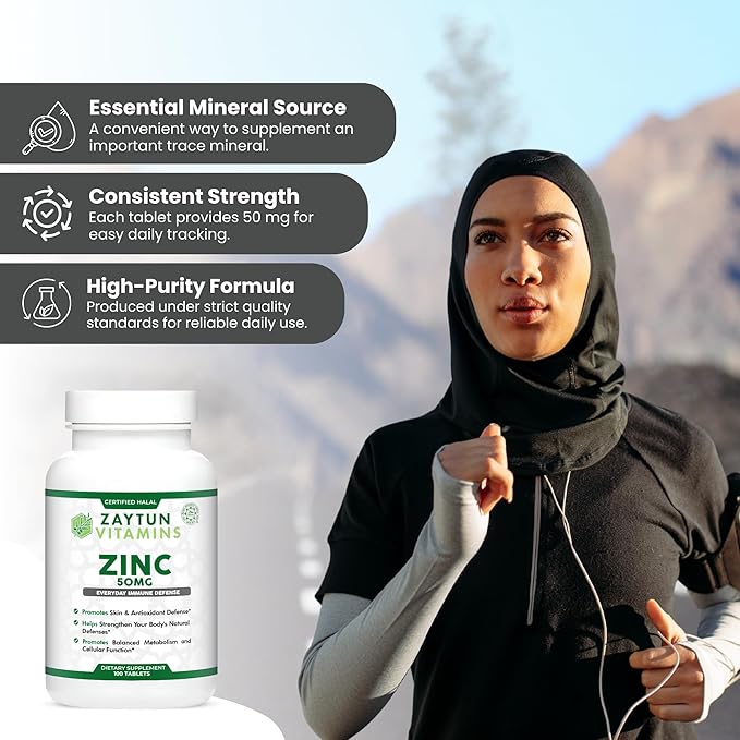 Zaytun Halal Zinc 50 mg Supports Immune Health and Healthy Skin, Antioxidant, One Per Day, US Made, 100 Tablets