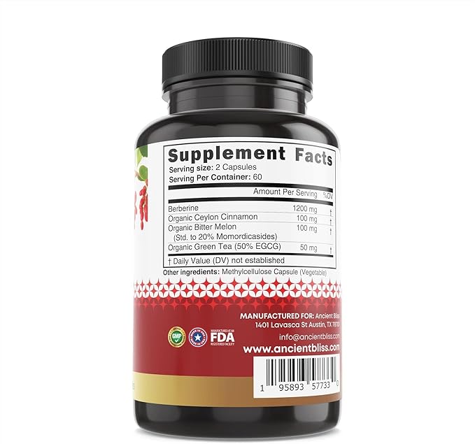 Ancient Bliss Berberine HCL 1200mg with Ceylon Cinnamon, Bitter Melon, and Green Tea Extract - 120 Capsules