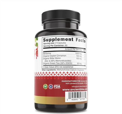 Ancient Bliss Berberine HCL 1200mg with Ceylon Cinnamon, Bitter Melon, and Green Tea Extract - 120 Capsules