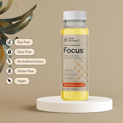 Focus Drink for Concentration- Contains Yerba Mate, Ashwagandha and Lions Mane Mushroom with Advanced Nanoscience Technology - 12 Pack Brain Focus Drink, Orange Flavor, 2oz