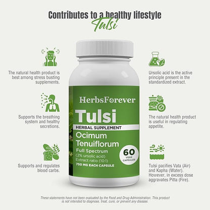 Tulsi Capsules Holy Basil Ocimum Sanctum 60 Vege Capsules 800 Mg Each