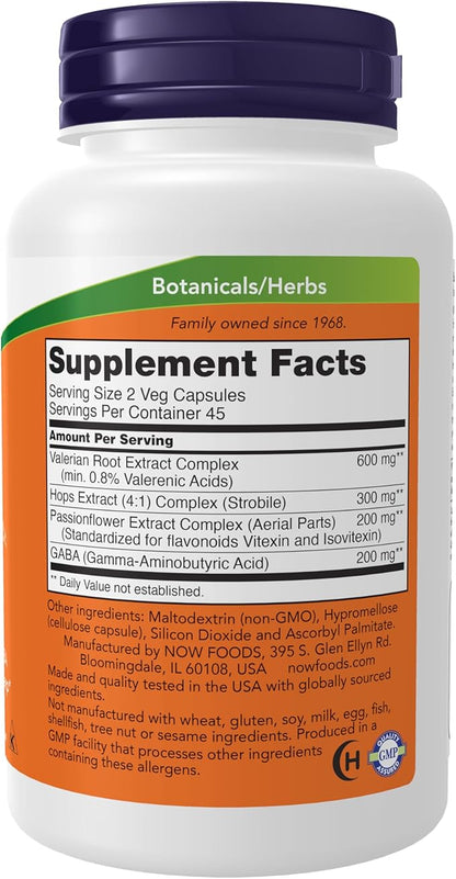 NOW Foods Supplements, Sleep with Valerian Root Extract Plus Hops, Passionflower and GABA, Botanical Sleep Blend*, 90 Veg Capsules