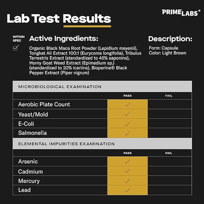 Prime Labs Tongkat Ali for Men - Plus Organic Black Maca Root and Tribulus Terrestris - Performance, Vitality, Energy - 60 Count