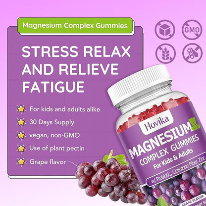 Magnesium Gummies for Kids - Magnesium Glycinate, Citrate, Prebiotic, Zinc - Kids & Adults Magnesium Complex Calm Gummies for Nerve Bone & Muscle Health for Kids Wellness, Vegan Grape Flavor 60 Count