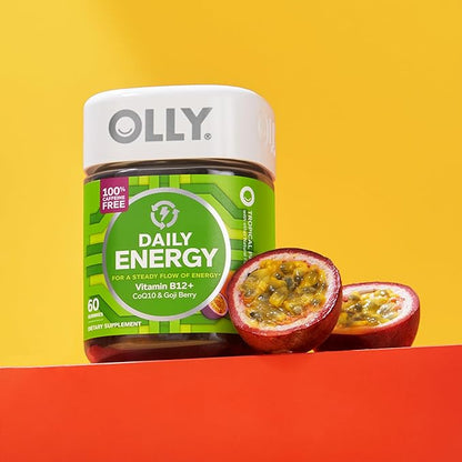 OLLY Daily Energy Gummy, Caffeine Free, Vitamin B12, CoQ10, Goji Berry, Adult Chewable Supplement, Tropical Flavor - 60 Count (Pack of 2)