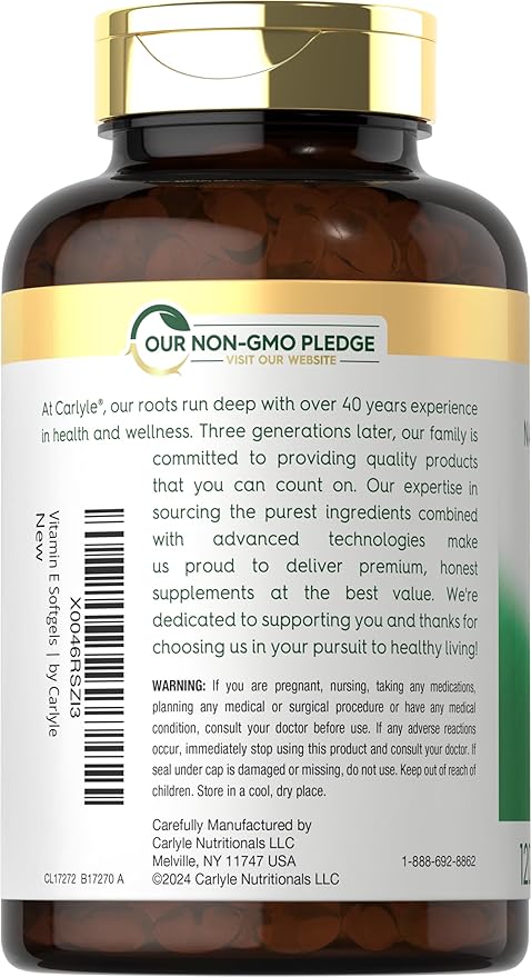 Carlyle Vitamin E with Mixed Tocopherols | 1000 IU | 120 Softgels | Naturally Sourced Supplement | Non-GMO and Gluten Free Formula