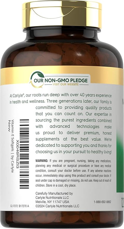 Carlyle Vitamin E with Mixed Tocopherols | 1000 IU | 120 Softgels | Naturally Sourced Supplement | Non-GMO and Gluten Free Formula