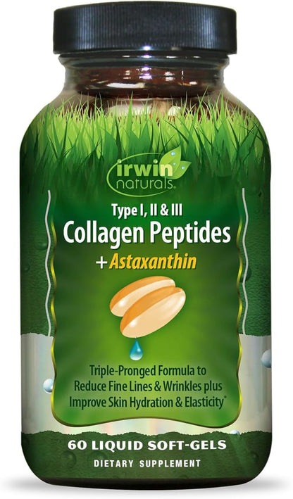 Irwin Naturals Collagen Peptides + Astaxanthin, Type I, II & III, 60 Liquid Soft-Gels