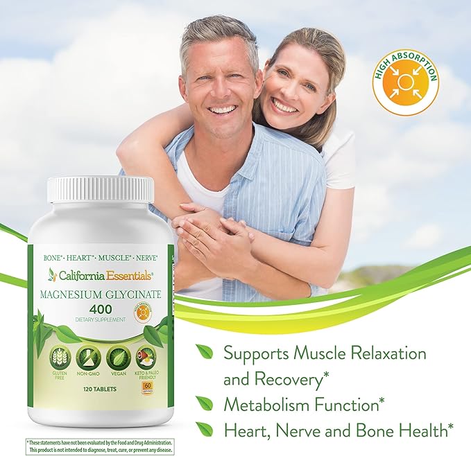 Magnesium Glycinate 400 - Chelated, High Absorption Magnesium for - Vegan, Non-GMO, Gluten-Free 120 Tablets (Servings 60, Serving Size (2) 200mg Tablets)