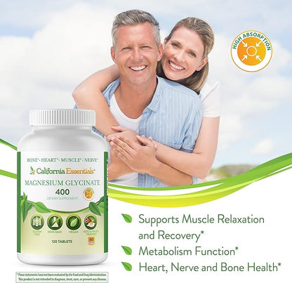 Magnesium Glycinate 400 - Chelated, High Absorption Magnesium for - Vegan, Non-GMO, Gluten-Free 120 Tablets (Servings 60, Serving Size (2) 200mg Tablets)
