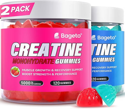 Creatine Monohydrate Gummies 5000mg for Men & Women, Gomitas de Creatina 5g Creatine Monohydrate,0g Sugar Chewables Creatine Pre-Workout for Muscle Strength, Vegan (Strawberry and Blueberry)