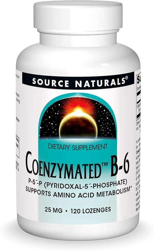 Source Naturals Coenzymated B-6, P-5 Pyridoxal-5 Phosphate Fast-Acting, Quick Dissolve Vitamin Supports Amino Acid Metabolism*, 25 mg - 120 Lozenges