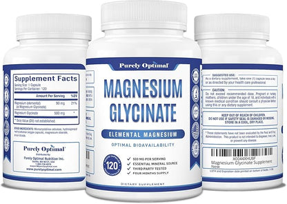 Purely Optimal Magnesium Glycinate 500mg - Premium Non-Buffered Supplement for Sleep, Calm & Muscle Function Support, 120 Easy-to-Swallow Capsules - High Absorption & Gentle on Stomach