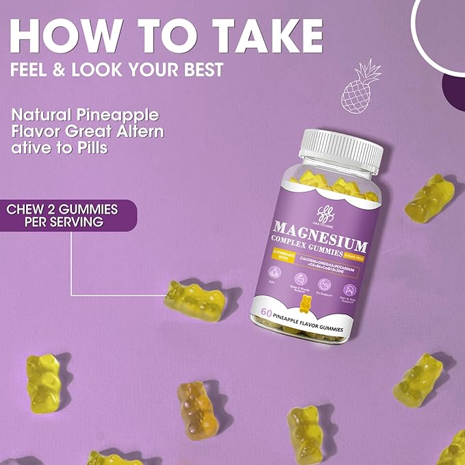 Magnesium Glycinate Gummies with Magnesium Malate, Taurate, Citrate, Potassium Complex Supplement with CoQ10, Calcium, Supports for Memory, Bone, Calm, Sleep, 60 Pineapple Gummies