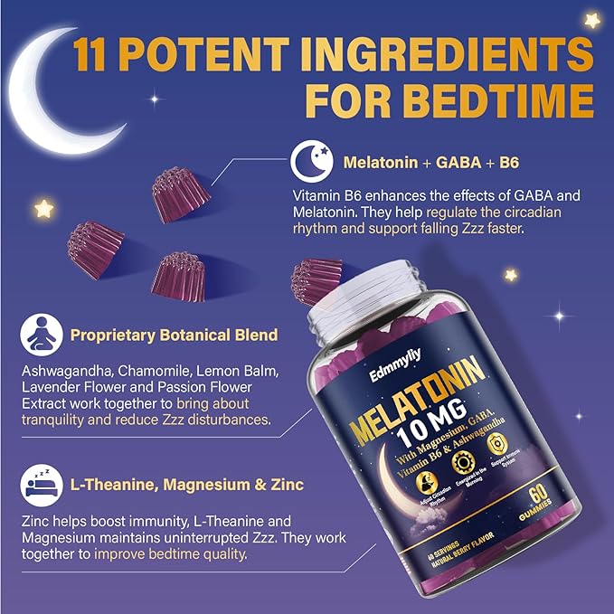 Melatonin 10mg 20mg Gummies for Adults - 10mg of Melatonin Per Gummy with Magnesium, L-Theanine, GABA, Vitamin B6 & Ashwagandha - Supports Health Circadian Rhythm, Sugar Free & Vegan