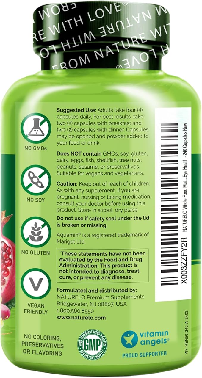 NATURELO Whole Food Multivitamin for Men 50+ - with Vitamins, Minerals, Organic Herbal Extracts - Vegan Vegetarian - for Energy, Brain, Heart and Eye Health - 240 Capsules