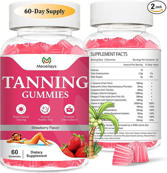 2 Pack Tanning Gummies for Women and Men, Daily Tanning Gummies with L-Tyrosine, Astaxanthin That Work Fast Without Sun for Skin Health & Glow, Sugar Free, Non-GMO, Strawberry Flavor, 120 Gummies