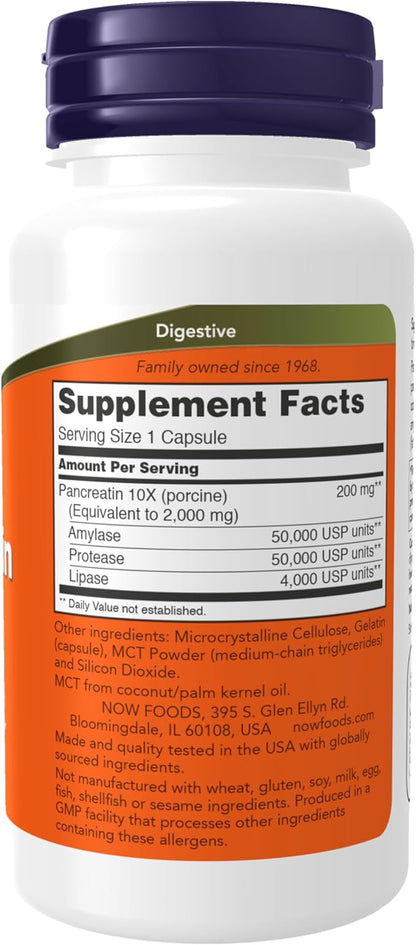 NOW Supplements, Pancreatin 10X 200 mg with naturally occurring Protease (Protein Digesting), Amylase (Carbohydrate Digesting), and Lipase (Fat Digesting) Enzymes, 100 Capsules
