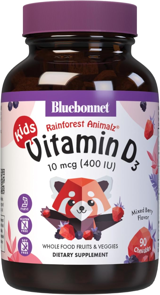 Bluebonnet Nutrition Rainforest Animalz Vitamin D3 400 IU Chewable Tablet, Soy, Dairy & Gluten-Free, Non-GMO, Kosher Certified, Vegetarian Friendly, Natural Mixed Berry Flavor, 90 Count