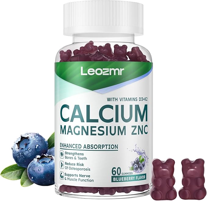 Calcium Magnesium Zinc Gummies with Vitamin D3 & K2 - High Potency Enhanced Absorption -60 Blueberry Gummies Flavored