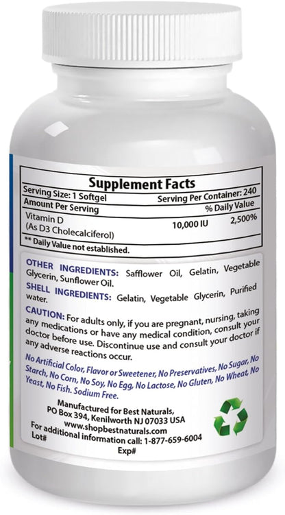Best Naturals Vitamin D3 10000 IU Softgel, 240 Count