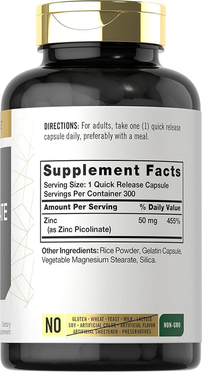 Carlyle Zinc Picolinate 50mg | 300 Capsules | Non-GMO and Gluten Free Supplement